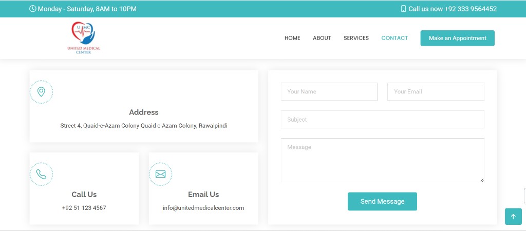 Contact — location, phone, email cards and patient message form