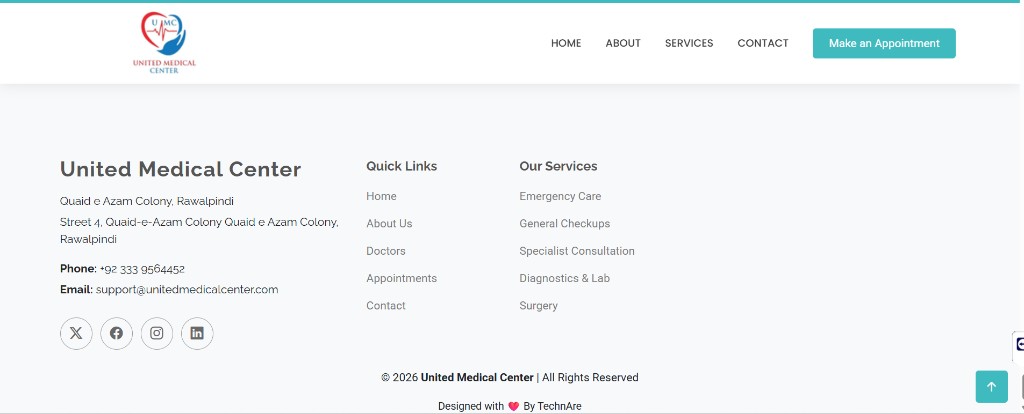 Global layout — footer with quick links, services, and social presence