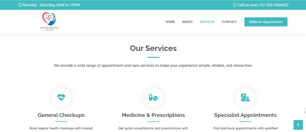 Services — medical offerings in a clean three-column card grid